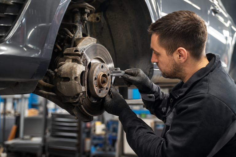 Mechanic inspecting brake pads and brake disc on a family car during a vehicle service in Brentwood.