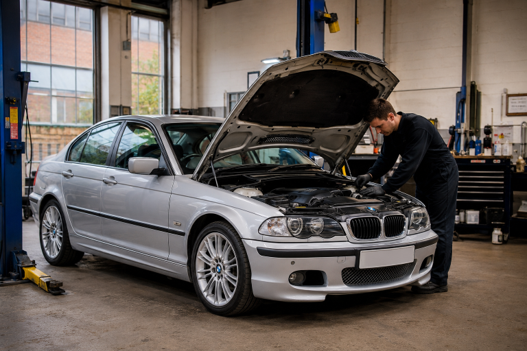 Well-maintained BMW E46 in a professional independent garage in Brentwood