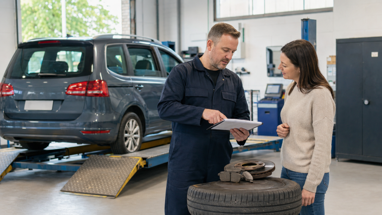 MOT tester explaining advisory items to a driver at a garage in Brentwood